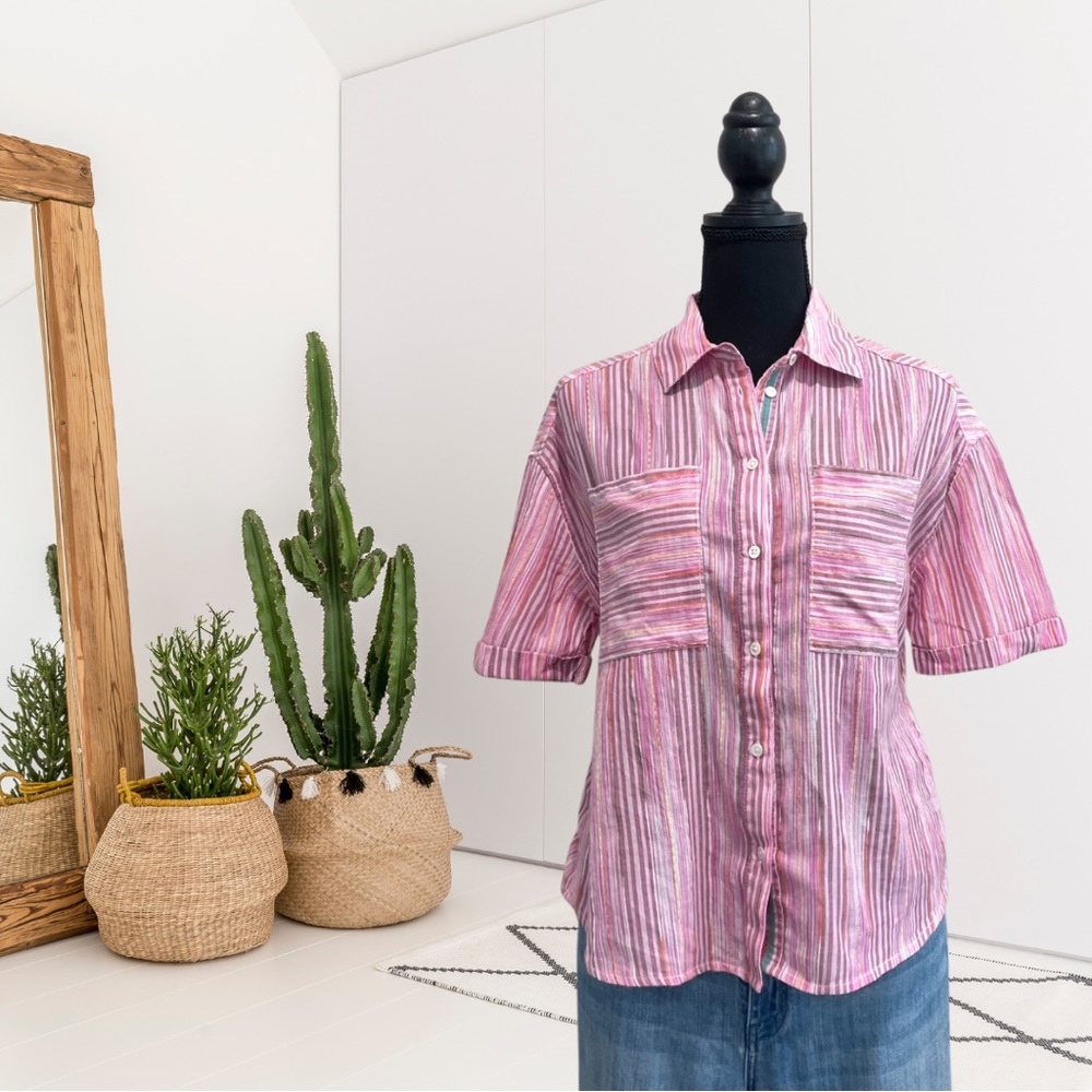 Sundance Short Sleeve Striped Button Down Top